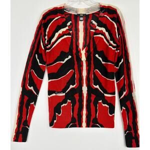 Roberto Cavalli Red Animal Print Abstract V Neck Sweater Size 4